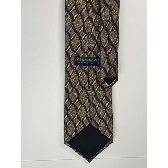 Claybrooke Pure Silk Men's Tie Geo Diamond And Scroll Made In USA Red Gold Blue - Picture 3 of 8